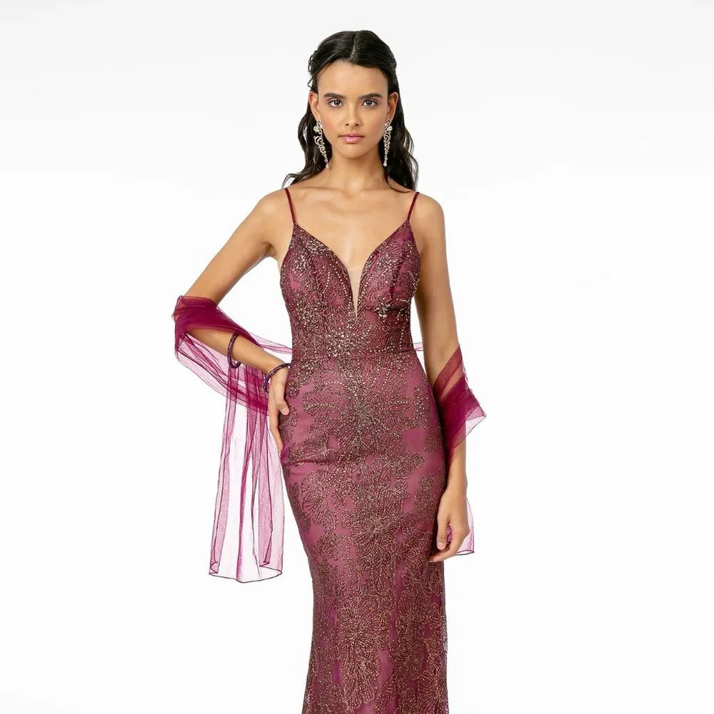 NEW LONG SLEEVELESS OFF THE SHOULDER SATIN DRESS EMBROIDERED WITH GLITTER GL2989